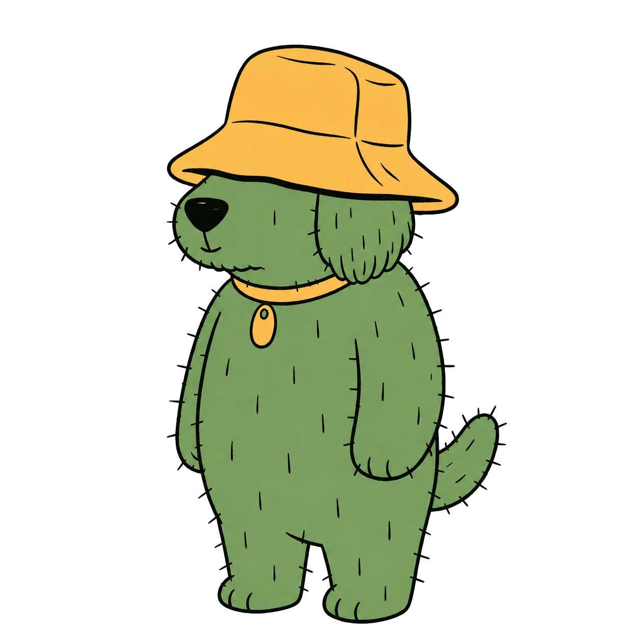 Dogcus, a green cactus dog wearing a yellow bucket hat